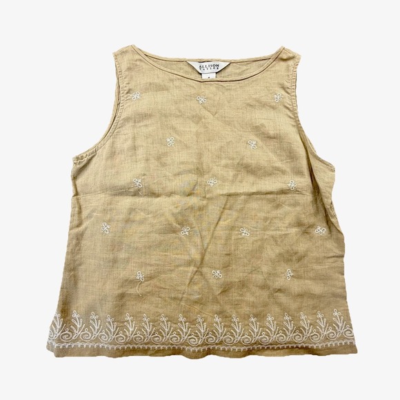 Allison Brittney Tops - Allison Taylor 100% Linen Embroidered Tank Top Beige Sleeveless Boho M
